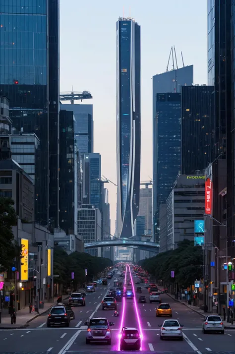 "A bustling futuristic cityscape at night, with towering skyscrapers adorned in holographic advertisements and neon lights. The sky is filled with flying cars zooming through digital traffic lanes, while below, streets are lined with autonomous robots inte...