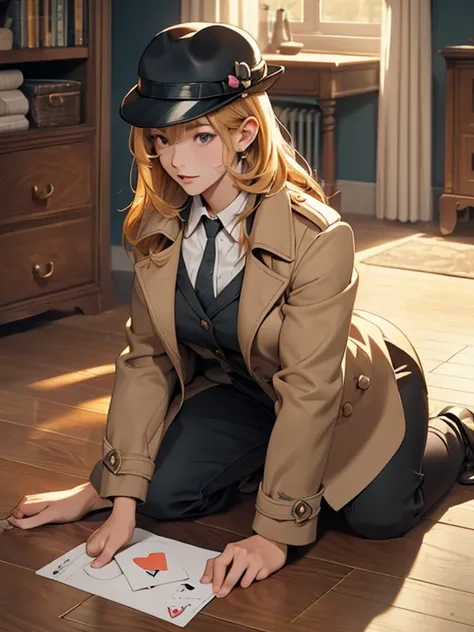 ((Locked room murder scene:1.1, Completely closed room:1.1)), No bodies, (((Chalk outline the body pose on the floor:1.1))), Right next to it is a card with a number written on it, super cute 2 girls, Cute lips, one girl detective wearing a calm ochre deer...