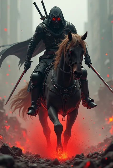 A man wearing a black robo coat head coverd and a mask red eyes glowing and  two swords on his back and riding a red flame horse in a  battle field bloody bacground 