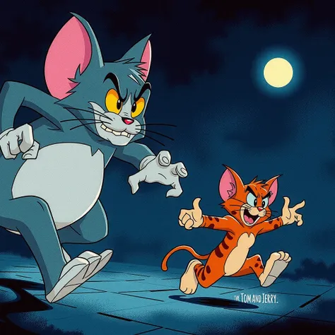 A spooky scene of an oversized Jerry the Mouse (on the left) chasing a small, timid Tom the Cat (on the right) in a 1990s hand-drawn animated cartoon style