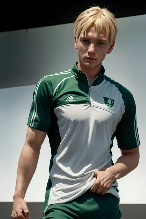 green-eyed blond boy in sportswear hyperrealistic image