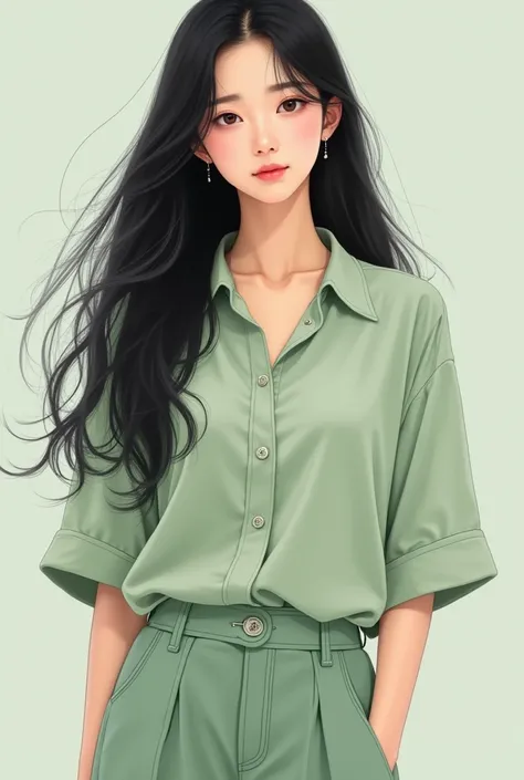 Korean comics, medium body shot,A light green  shirt and short pants and beautiful woman,facing forward,long black hair.