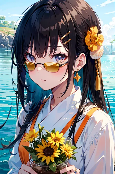 absurd, high resolution, Ultra Detailed, 1 Girl, Solitary, Extremely detailed eyes, starfish, seashell, shell, flower, have, Hair accessories, Jewelry, straw have, Look at the audience, sunglasses, have flower, Drinking Straws, Hairpin, earrings, red flowe...