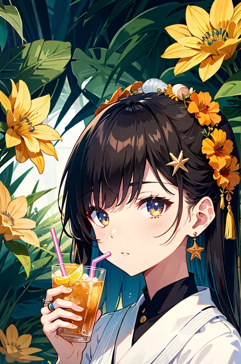 absurd, high resolution, Ultra Detailed, 1 Girl, Solitary, Extremely detailed eyes, starfish, seashell, shell, flower, have, Hair accessories, Jewelry, straw have, Look at the audience, sunglasses, have flower, Drinking Straws, Hairpin, earrings, red flowe...