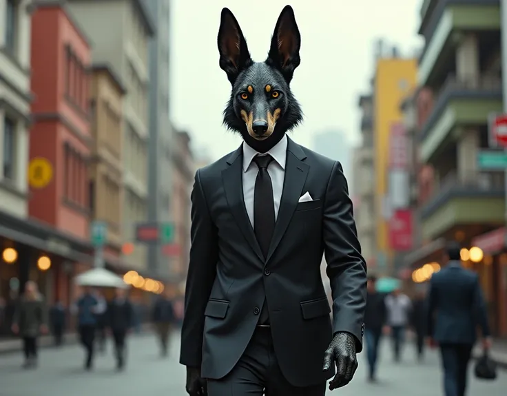 Impossible event: God Anubis (ancient Egypt) dressed in a 21st century business suit, walking in the modern streets of Mexico City