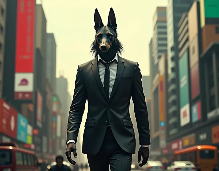 Impossible event: God Anubis (ancient Egypt) dressed in a 21st century business suit, walking in the modern streets of Mexico City