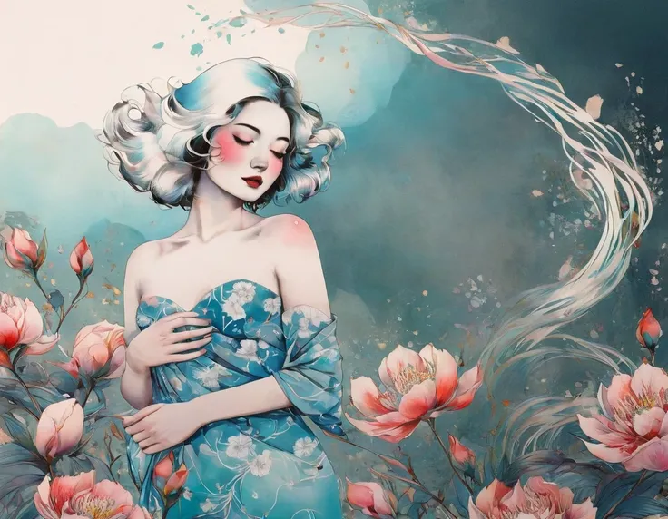 movie poster art for sensual illustration of an elegant , retro and vintage ,silky flower around body, matte painting, by Hannah Dale, by Harumi Hironaka, extremely soft colors, vibrant, pastel, highly detailed, digital artwork, high contrast, dramatic, Bl...