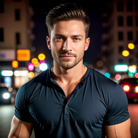 1man, a Medium Close Up shot of a charismatic male fitness model, 30 years old，small beard, Sexy and charming expression，gloomy eyes，Blue eyes, smiling at camera, captured in a night city street, wearing a withe shirt, natural night lighting, cinematic and...