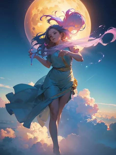 a surreal impossible event, a girl floating in the sky, mystical colorful clouds, glowing orbs, ethereal light, photorealistic, (best quality,4k,8k,highres,masterpiece:1.2),ultra-detailed,(realistic,photorealistic,photo-realistic:1.37),vibrant colors,drama...