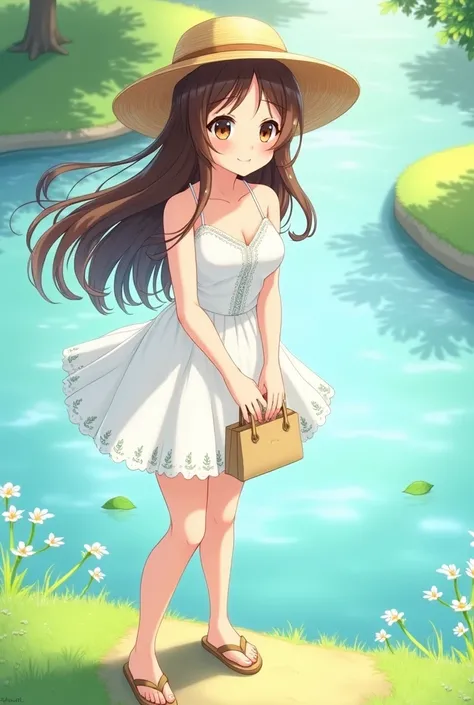 Young anime woman standing on embankment, with long brunette hair and brown eyes, wearing short white summer sundress with neckline, wearing straw hat and beach slippers, looking with smile, holding a biege handbag