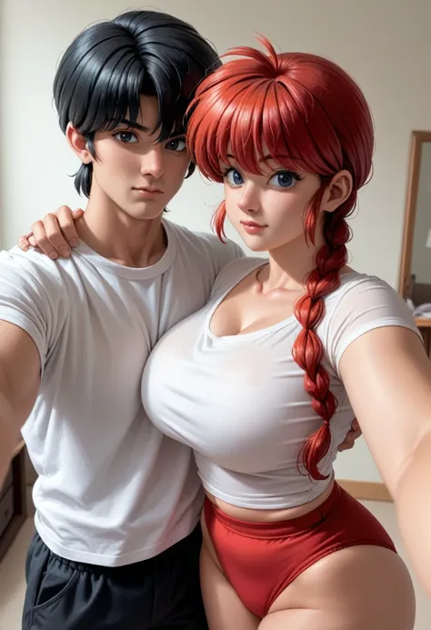 1 boy and 1 girl, a couple selfie, hug, selfie, ranma girl and ranma boy in a selfie, ((ranma chan, redhead girl, large breast, ...