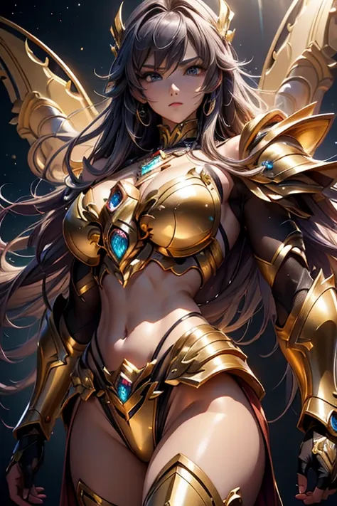 ultra-high saturation，（tmasterpiece）， fully body photo，（best qualtiy）， （1girll）， starryskybackground，wearing shiny gold armor， s...