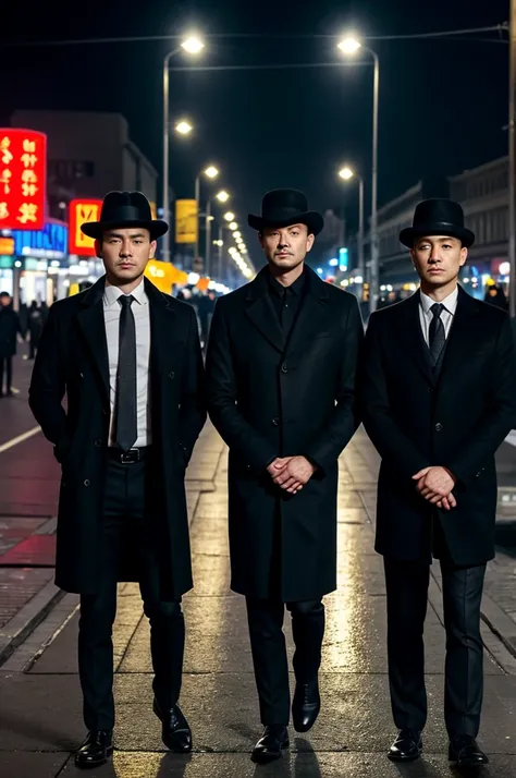 Three detectives, 2 Chinese and 1 Russian, The 3 detectives standing in a street together surrounded by hats and dressed in black. The image to be urban and mysterious. They are all men. The image that is urban artificial intelligence with flashes of light...