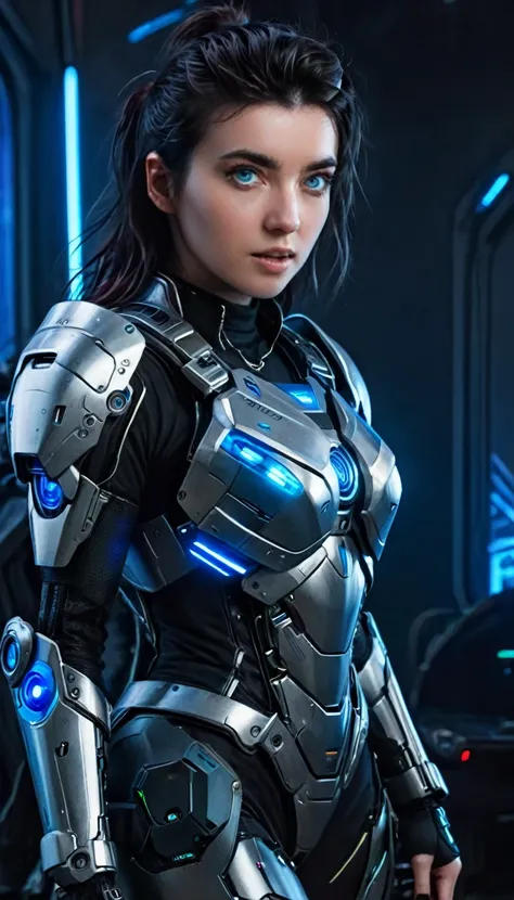 Best image quality, Great details, 超High resolution, (realism: 1.4), Best illustrations, , high density，(((A woman wearing mecha cyber armor, She has a beam rifle))), ((Cyberpunk Android Full Body)), Superior quality through precise drawings, 8k,Sparkling ...