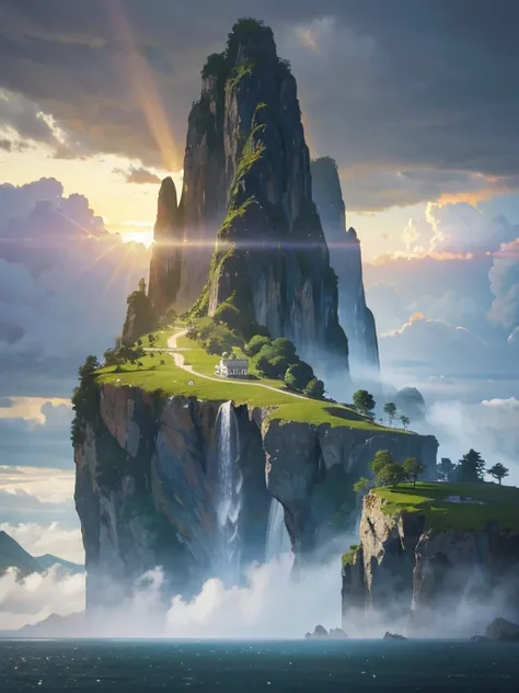 a highly detailed photo of a surreal, impossible event, a flying island suspended in the sky, lush green forests and mountains on the island, crystal clear water surrounding the island, dramatic cloud formations, vibrant colors, cinematic lighting, photore...