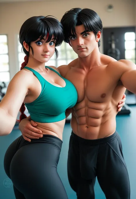 a couple selfie, hug, selfie, ranma girl and ranma boy in a selfie, ((Ranma Chan, redhead girl, large breast, big ass, thick thighs, wide hips))(a couple selfie)((Ranma Saotome, male, handsome, abs, yoga wear, boy black hair))(ranma girl and ranma male) ul...