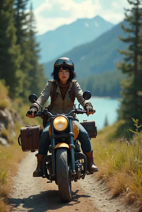 A young woman with a cute face and short black hair is smiling.、Wearing a vintage half helmet, Goggles and gloves、Put on your worn boots、Small, Rugged Motorcycle, The seats and steering wheel are well-worn from countless adventures.. The bike is packed wit...