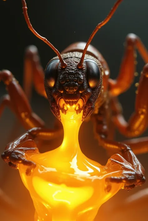 Close-up shot of a mesmerizing, ant warrior holding sugar, epic scene, watery substance that eerily resembles flames. The liquids undulating ripples evoke wispy tendrils of fire, as if the very essence of combustion has been distilled into a viscous, glowi...