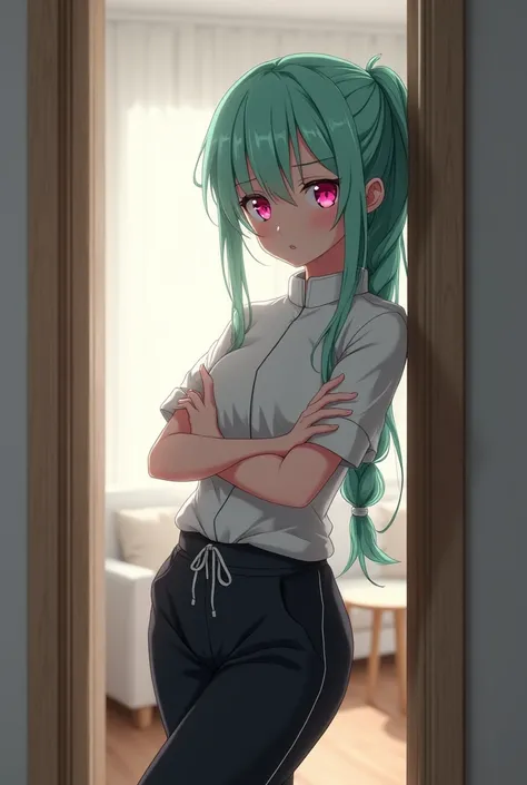 A 20 year old anime style woman, anime style To Love Ru, leaning against the door frame of a room, wooden door frame, Behind her is the living room with white furniture and a small table, white building with wooden floor, low lighting, soft lighting, He is...