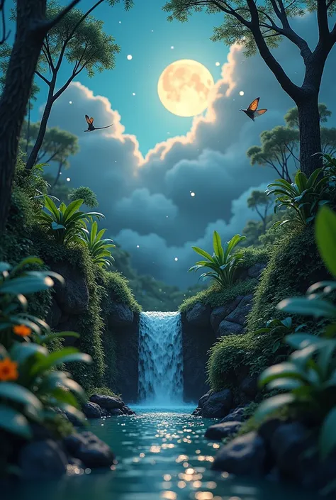 masterpiece, best quality, double exposure, realistic, whimsical, fantastic, splash art, intricate detailed, hyperdetailed, maximalist style, psychedelic, photorealistic,sharp focus, harmony, serenity, tranquility, miniature jungle scene, waterfall, plants...