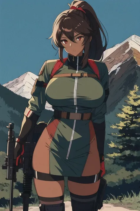 masterpiece, best quality, dark-skinned female, brown hair, short ponytail, red eyes, big breasts, military operator, forest, mountain background