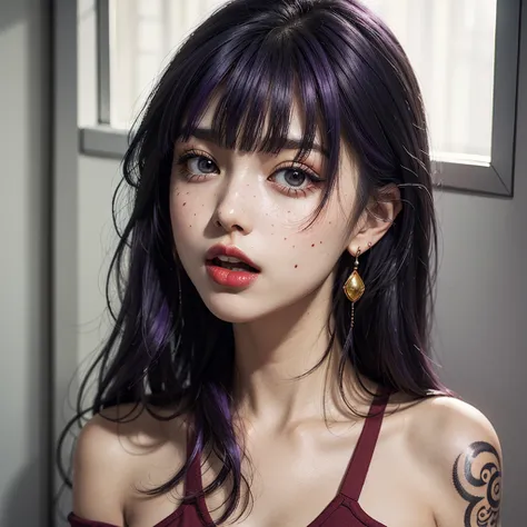 1 girl, Japanese, 4k, realistic, soft skin, texturized skin, long whavy black hair with bangs, purple fade hair, shiny purple eyes, red eyeliners, shining red lips, natural makeup, freckles, round gold earings, off shoulder tank top, tattoo, scared, open m...