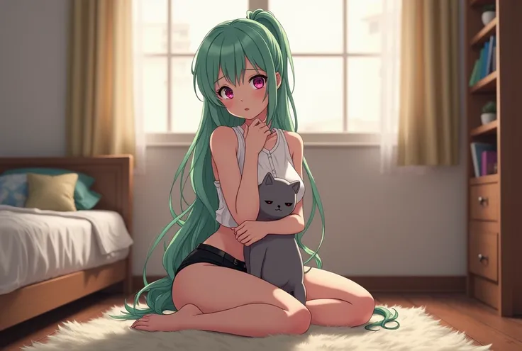 an 1 anime style woman, anime To love ru, sitting on the carpet in her room, on the fifth floor of a white building with wooden floors, Tokyo City, beige closed curtains, tidy bed, celestial mantle, bookshelf, low lighting, soft lighting, I am 165 cm tall,...