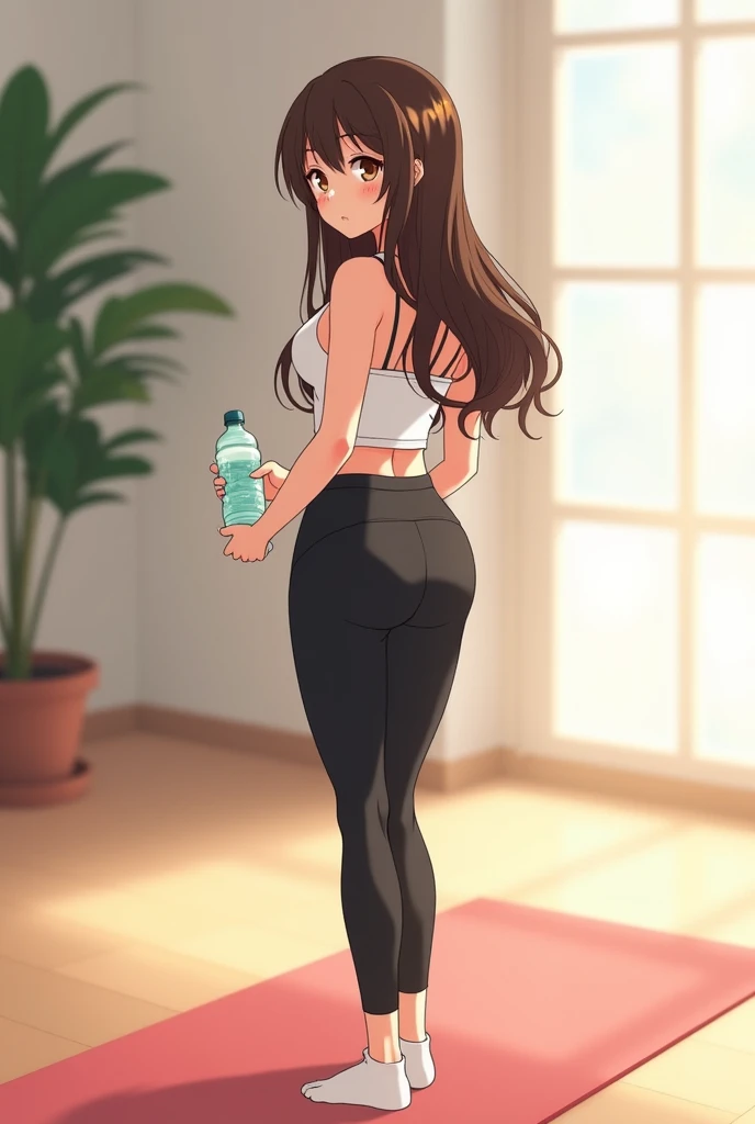 Young anime woman standing on green yoga mat in a room, with long brunette hair and brown eyes, wearing black yoga pants and white tank top with thin straps, wearing white socks, looking forward with smile, holding plastic water bottle in one hand, wiew fr...