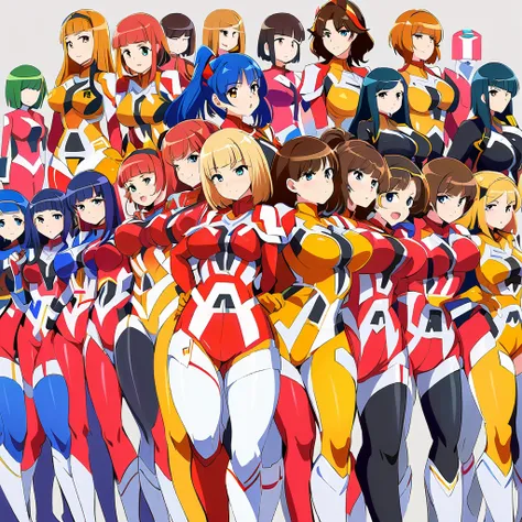 super sentai series, mecha bodysuits, girls surrounding, multiple girls, curvy body