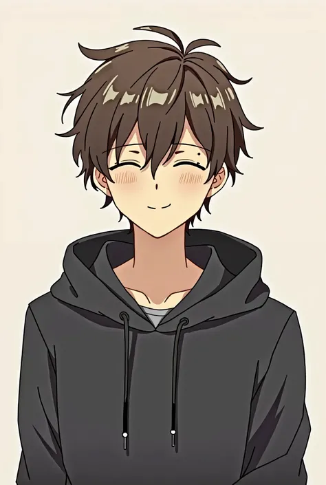 An anime-style young man with slightly messy, wavy brown hair covering part of his forehead, wearing a dark hoodie with the hood down. His expression is relaxed and laid-back, with half-closed eyes and a subtle smile. The art style should be simple and cle...