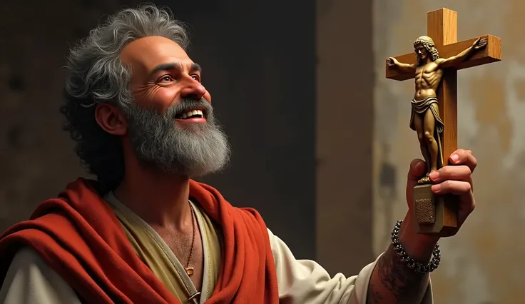 face of a happy hebrew man with a cross in his right hand, and in his left hand a statue of baal, he ignores the cross and looks happily at the statue in his hand, biblical story