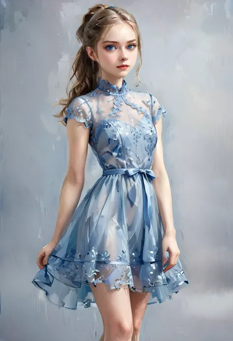 (realistic illustration),(full body:1.4).cute 22yo Russian woman with light brown hair, blue eyes, ((very pale:1.3))complexion. (short), slim, small breasts. elegant sheer lace dress, high heels, smoky eye, mascara, ponytail.