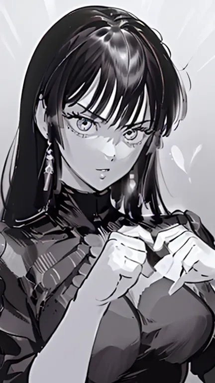 manga style art, ((black and white color ing)), masterpiece, highres, solo, 8k, detailed, perfect face, (ultra high quality), (Heart Hands))