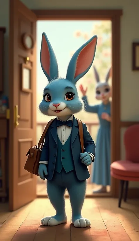 A blue rabbit wears formal clothes and leaves home with a bag on his back. Says goodbye to his mom.