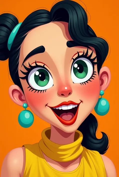 cartoon
The following features can be seen in this image: 1.

 1. a close-up of a womans face with blonde, wavy hair
 2. eyes with vivid green and pink eye shadow and long thick eyelashes
 3. womans face shows sparrow spots and her mouth is covered with da...