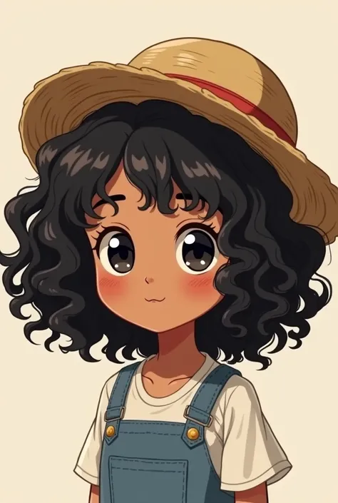 Portrait of black curly haired girl, long curly hair black eyes, light brown skin, wearing straw hat, One piece anime version