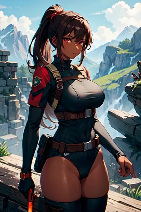 masterpiece, best quality, dark-skinned female, brown hair, short ponytail, red eyes, big breasts, military operator, forest, mountain background