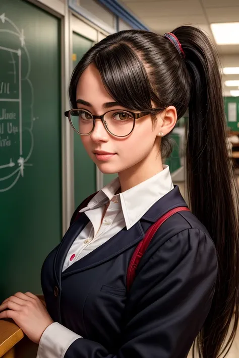 ((Best Quality)), ((masterpiece)), (detailed), One girl, She wears glasses, has black hair in a ponytail, and is 1.１６０Wearing a school uniform that is about centimeters　The scene is a school corridor. 
