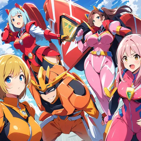 super sentai series, mecha bodysuits, girls surrounding, multiple girls, curvy body