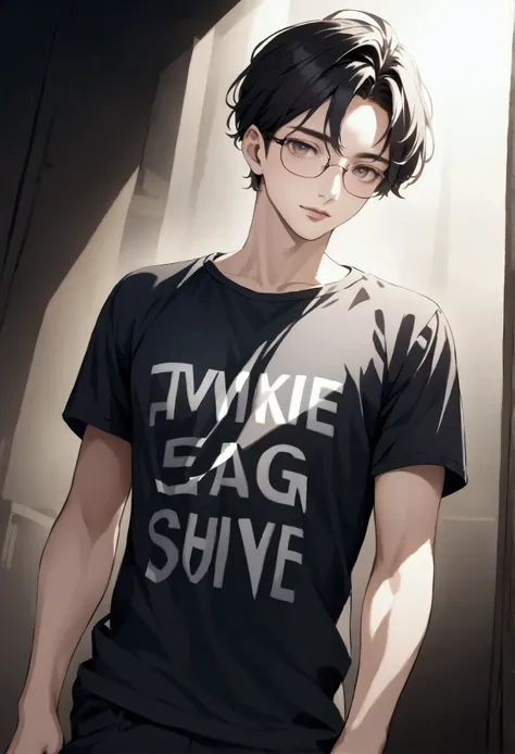 A handsome boy wearing glasses and a black t-shirt and written SEAG on it with realistic text