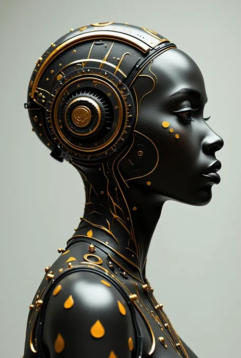 It features a sculpture or digital representation of a Somali woman with African features, fused with biomechanical elements. The design incorporates circular structures around the head and golden patterns on the dark skin. The piece suggests a harmonious ...