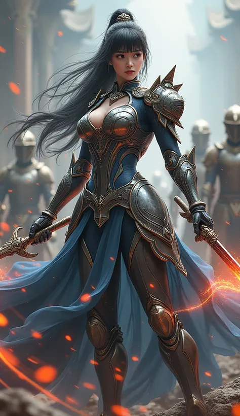 Mecha,Chinese female warrior,Long hair with bangs,Big breasts,holding sword in both hands,Knights,Magic Effects