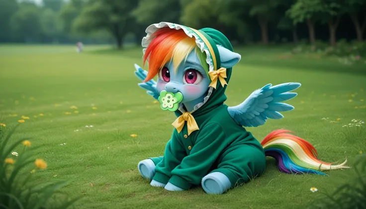 blue pony pegasus alone, blue fur all over the body, Rainbow Dash, adult mare, rainbow mane, gathered in a green bonnet, rainbow tail, cherry eyes, sitting outside on the grass, dressed in an adult size green onesie with holes for two blue wings, green pac...