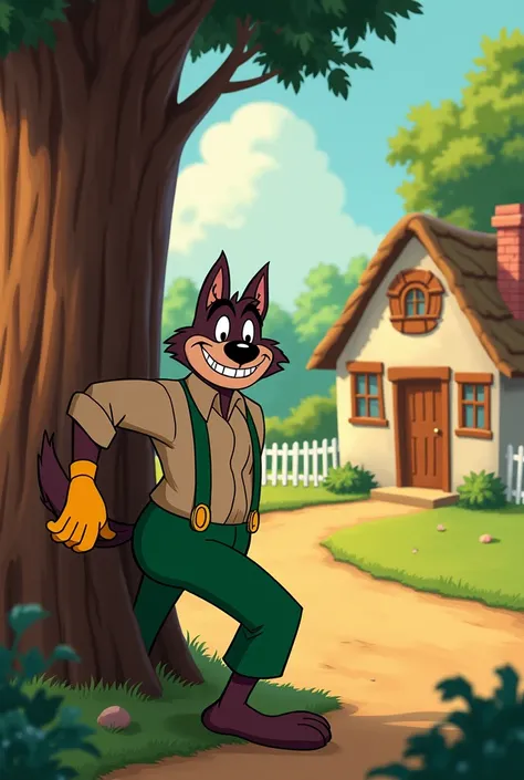 A classic 1930s-style cartoon scene set in a countryside. A tall, anthropomorphic wolf character, wearing green pants with suspenders and yellow gloves, is sneaking behind a tree. The wolf has a mischievous grin, showcasing sharp teeth. In the background, ...