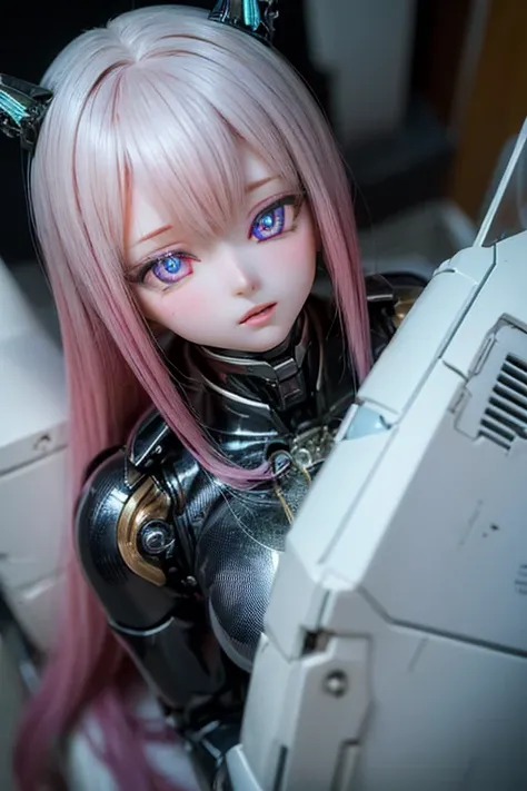 (SFW:2), photorealistic, realistic photo, 8k, ((highest quality)), ((masterpiece)), (extremely detailed), kukolnydom, doll, mecha musume, mechanical parts, robot joints, head gear, bodysuit, (from above, parted lips, mature woman, 21yo, 2, solo:1.6), (lyin...