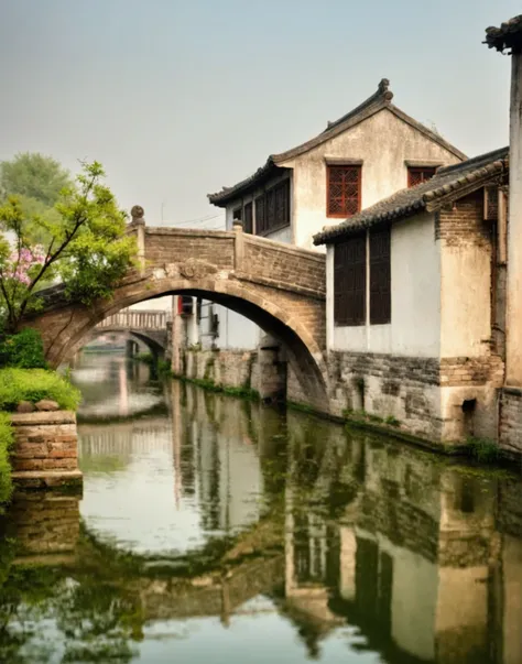 arafed canal with boats and buildings in a small town, zhouzhuang ancient town, dream china town, china village, beautiful image...