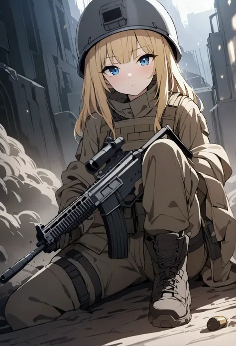 Masterpiece, best quality, solo, 1girl, neutral expression, soldier, attractive face, blonde hair, blue detailed eyes, cute nose, looking at viewer, high tech tactical gear, Steel helmet, tactical trousers, black boots, assault rifle, sitting, in trench, m...