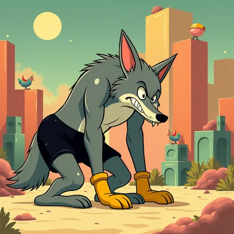 A classic 1930s-style cartoon scene set in a cyberspace. A tall, anthropomorphic wolf character, wearing black shorts and yellow gloves, is standing in a hinding down pose. And the wolfs character desgin resemble the 1936 Big bad wolf rubbery hose cartoon ...