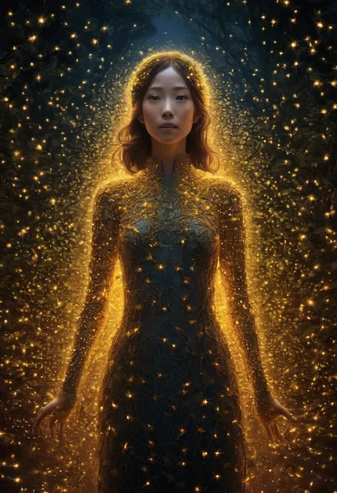 A person made of fireflies, surrounded by fireflies.