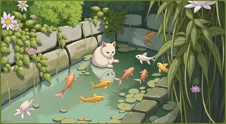 wallpaper with fish and lilypads and cat